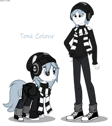 Size: 4718x5342 | Tagged: safe, artist:asika-aida, derpibooru import, oc, oc:tone colour, unofficial characters only, pegasus, pony, equestria girls, absurd resolution, beanie, clothes, commission, converse, equestria girls-ified, hat, headphones, monochrome, neo noir, pants, partial color, scarf, shoes, simple background, smiling, sneakers, transparent background