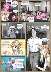 Size: 1363x1920 | Tagged: safe, artist:pencils, derpibooru import, fluttershy, limestone pie, maud pie, pinkie pie, oc, oc:anon, oc:macdolia, oc:mascara maroon, earth pony, human, pegasus, pony, satyr, comic:anon's pie adventure, bed, blanket, blushing, bracer, candle, clothes, comic, cross-popping veins, dialogue, dock, dress, female, headband, human male, implied sex, lord of the rings, male, mare, mind control, monochrome, movie reference, neo noir, on back, pants, partial color, piggyback ride, pillow, property damage, shirt, shocked, smiling, speech bubble, the hobbit, underhoof, yelling