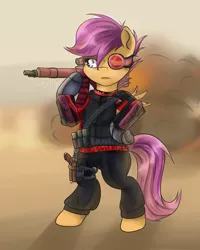 Size: 2000x2500 | Tagged: safe, artist:redheadfly, derpibooru import, scootaloo, pony, bipedal, clothes, cosplay, costume, deadshot, explosion, solo, suicide squad, weapon