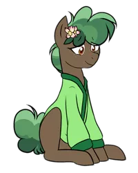 Size: 932x1164 | Tagged: safe, artist:caballerial, derpibooru import, oc, oc:tree, unofficial characters only, earth pony, pony, pony town, ask, cardigan, flower, freckles, simple background, sitting, solo, transparent background, tumblr, waifus