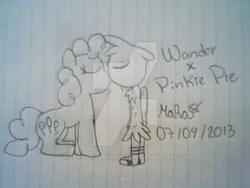Size: 600x450 | Tagged: artist:marathecombinadetcat, bonding, crossover, crossover shipping, derpibooru import, eyes closed, heartwarming, interspecies, kissing, making out, male, missing accessory, missing hat, pinker, pinkie pie, safe, shipping, sketch, straight, together forever, traditional art, wander over yonder, wander (wander over yonder), watermark