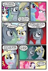 Size: 1024x1497 | Tagged: safe, artist:kazziepones, artist:zaron, derpibooru import, derpy hooves, pinkie pie, rainbow dash, vinyl scratch, oc, oc:lonely hooves, pegasus, pony, comic:lonely hooves, comic, female, glasses, mare