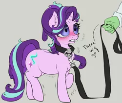 Size: 1000x849 | Tagged: suggestive, artist:duop-qoub, artist:jericoanon, derpibooru import, starlight glimmer, oc, oc:anon, pony, unicorn, blushing, chest fluff, collar, crying, dialogue, female, female focus, fluffy, gray background, gritted teeth, leash, mare, messy mane, pet glimmer, pet play, raised hoof, raised leg, scared, shaking, shivering, simple background, slave, solo focus, wide eyes