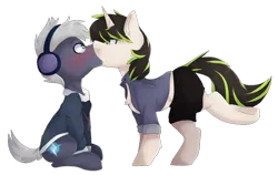 Size: 1024x646 | Tagged: safe, artist:oddends, derpibooru import, oc, oc:beat, oc:plot frequency, unofficial characters only, earth pony, pony, unicorn, bedroom eyes, blushing, clothes, female, hoodie, hot pants, jacket, kissing, male, oc x oc, shipping, simple background, sitting, straight, surprise kiss, surprised, transparent background