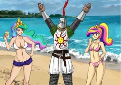 Size: 2000x1406 | Tagged: armor, artist:ixalon, artist:johnjoseco, beach, belly button, bikini, breasts, busty princess celestia, clothes, cloud, colored, color edit, crossover, crossover shipping, crown, dark souls, derpibooru import, edit, female, human, humanized, jewelry, male, multicolored hair, ocean, ponytail, praise the sun, princess cadance, princess celestia, regalia, royalty, shipping, shorts, smiling, solaire of astora, straight, stupid sexy celestia, suggestive, sunscreen, suntan lotion, swimsuit, unbuttoned