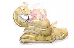 Size: 4000x2600 | Tagged: safe, artist:fluffyxai, derpibooru import, fluttershy, pony, snake, :p, :t, blushing, coils, cuddling, cute, dizzy, floating heart, forked tongue, heart, hypnosis, hypnotized, kaa eyes, lidded eyes, simple background, smiling, snek, snuggling, swirly eyes, tongue out, white background, wrapped up