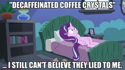 Size: 960x540 | Tagged: coffee, decaffeinated coffee crystals, derpibooru import, edit, edited screencap, every little thing she does, exploitable meme, image macro, meme, safe, saturday night live, screencap, solo, starlight bedridden, starlight glimmer