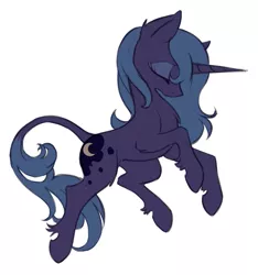 Size: 747x799 | Tagged: safe, artist:hioshiru, derpibooru import, princess luna, classical unicorn, pony, unicorn, dark, eyes closed, jumping, leonine tail, race swap, rearing, s1 luna, simple background, solo, unicorn luna, unshorn fetlocks, white background