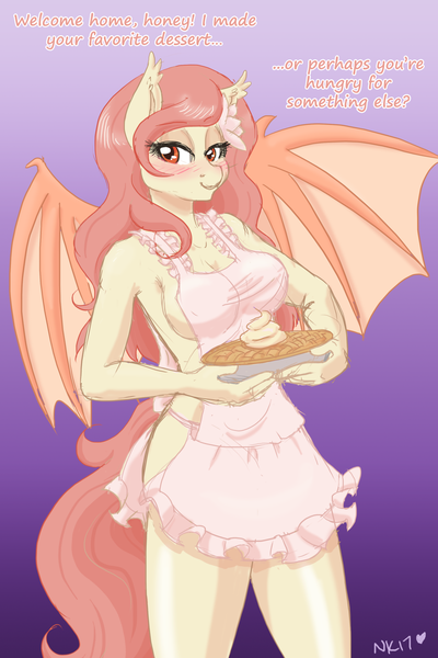 Size: 1280x1920 | Tagged: questionable, artist:naomiknight17, derpibooru import, oc, oc:peach blossom, unofficial characters only, anthro, bat pony, anthro oc, apron, bedroom eyes, breasts, cleavage, clothes, colored sketch, female, food, looking at you, naked apron, offscreen character, pie, sketch, solo, solo female, wife
