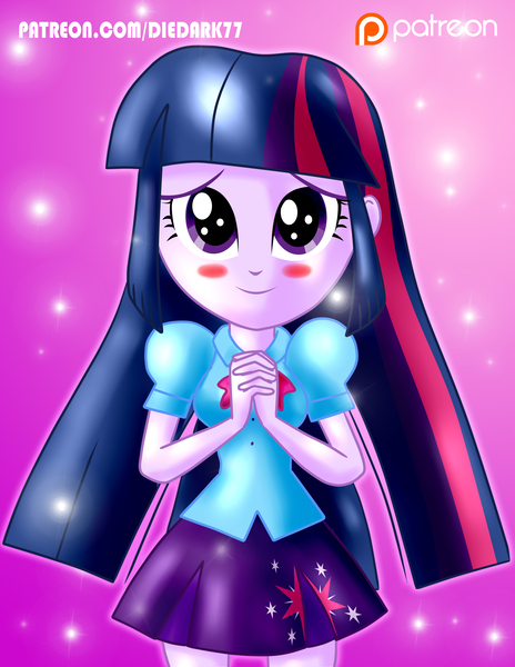 Size: 3090x4000 | Tagged: safe, artist:dieart77, derpibooru import, twilight sparkle, equestria girls, absurd resolution, blushing, clothes, cute, hands together, patreon, patreon logo, skirt, smiling, solo