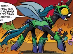 Size: 640x477 | Tagged: safe, artist:andypriceart, derpibooru import, idw, queen chrysalis, changeling, fiendship is magic, spoiler:comicfiendshipismagic5, armor, comic, fight, fire, you know for kids