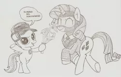 Size: 1423x904 | Tagged: safe, artist:creamygravy, derpibooru import, rarity, scootaloo, pony, bipedal, crossover, herring, monochrome, pencil drawing, rarispy, scout, scoutaloo, spanish, spy, team fortress 2, traditional art