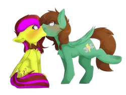 Size: 1024x769 | Tagged: safe, artist:oddends, derpibooru import, oc, oc:lucky radiance, oc:viridian, unofficial characters only, pegasus, pony, blushing, female, kissing, lesbian, simple background, transparent background