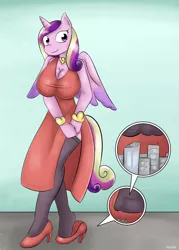 Size: 940x1310 | Tagged: anthro, artist:dinobirdofdoom, big breasts, breasts, busty princess cadance, cities in pony peril, cleavage, clothes, commission, crush fetish, derpibooru import, dress, female, high heels, micro, plantigrade anthro, princess cadance, side slit, smiling, solo, solo female, suggestive, tiny city, twilight messes with micro cities; teleportation spell goes awry