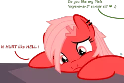 Size: 2773x1867 | Tagged: suggestive, artist:arifproject, derpibooru import, oc, oc:downvote, oc:upvote, ponified, unofficial characters only, pony, derpibooru, boutique depression, bust, cute, derpibooru ponified, dialogue, ear piercing, frown, heart, implied incest, implied sex, meta, offscreen character, piercing, portrait, show accurate, simple background, solo, transparent background, vector