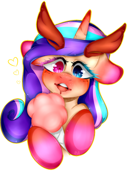 Size: 1024x1352 | Tagged: safe, artist:alliedrawsart, derpibooru import, oc, oc:cottoni, unofficial characters only, pony, unicorn, blushing, bust, cotton candy, floppy ears, food, heart, holding, looking at you, open mouth, simple background, solo, transparent background