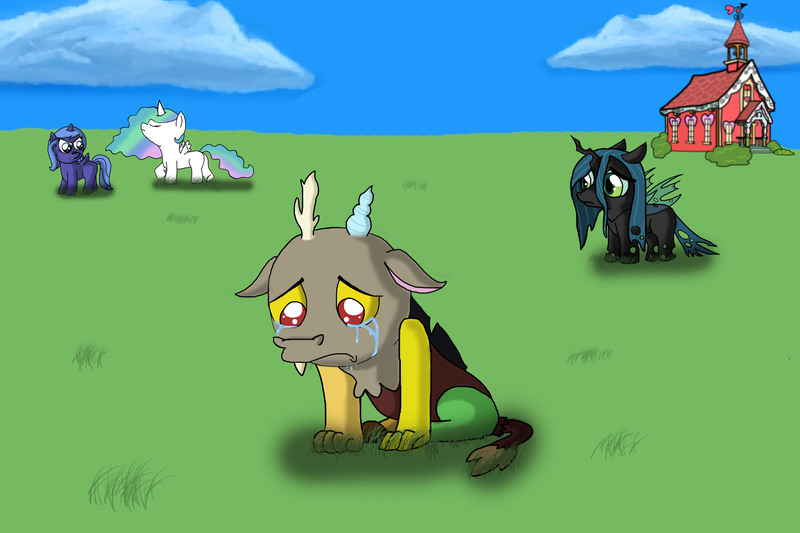 Size: 5400x3600 | Tagged: safe, artist:jamiecakes349, derpibooru import, discord, princess celestia, princess luna, queen chrysalis, alicorn, changeling, changeling queen, draconequus, nymph, pony, cewestia, crying, cute, cutealis, discute, female, filly, sad, woona, younger