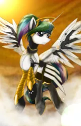 Size: 3300x5100 | Tagged: absurd resolution, alternate hairstyle, armor, artist:spiritofthwwolf, cloud, crossover, derpibooru import, flying, mercy, mercylestia, overwatch, ponytail, princess celestia, safe, solo