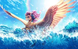 Size: 3600x2250 | Tagged: safe, artist:turnipberry, deleted from derpibooru, derpibooru import, fluttershy, pony, chest fluff, cloud, flying, large wings, ocean, rainbow, scenery, scenery porn, sky, smiling, solo, splashing, spread wings, unshorn fetlocks, water, wave