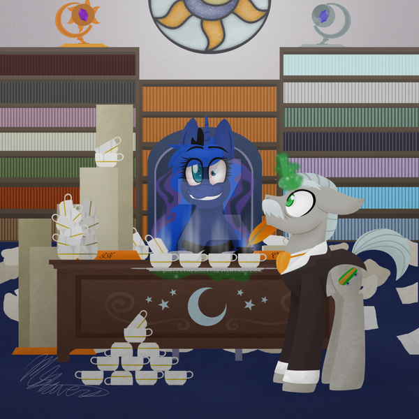 Size: 1024x1024 | Tagged: safe, artist:shellythewolf1, derpibooru import, princess luna, oc, alicorn, pony, unicorn, clothes, coffee, coffee mug, crazy face, faic, female, floppy ears, glowing horn, hooves, horn, levitation, luna found the coffee, magic, male, mare, obtrusive watermark, smirk, stallion, table, telekinesis, tray, watermark, wide eyes