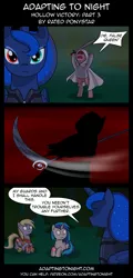 Size: 960x2000 | Tagged: semi-grimdark, artist:terminuslucis, derpibooru import, derpy hooves, princess luna, vinyl scratch, alicorn, pegasus, pony, unicorn, vampire, comic:adapting to night, comic:adapting to night: hollow victory, armor, bisection, comic, cult, death, empty eyes, female, heterochromia, magic, mare, murder, no pupils, prone, scythe, sword, weapon