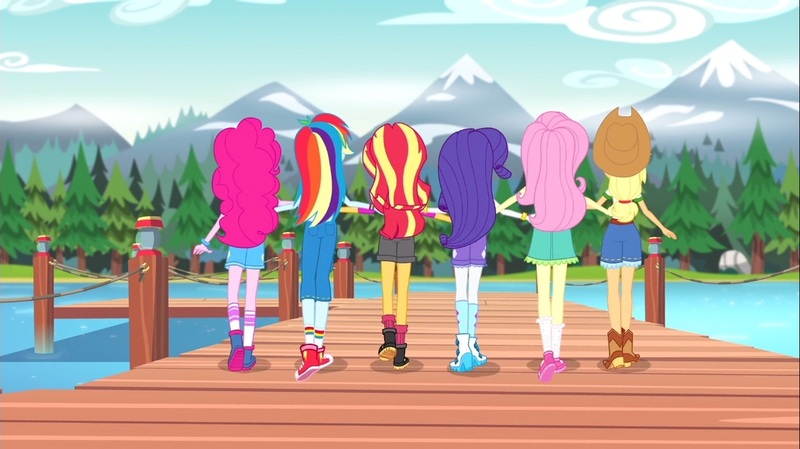 Size: 1100x618 | Tagged: safe, derpibooru import, screencap, applejack, fluttershy, pinkie pie, rainbow dash, rarity, sunset shimmer, equestria girls, legend of everfree, ass, converse, humane five, rear view, shoes