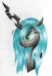 Size: 2040x2969 | Tagged: safe, artist:coffytacotuesday, derpibooru import, queen chrysalis, changeling, changeling queen, bust, female, portrait, profile, solo, traditional art