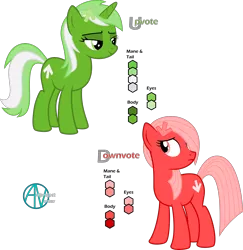 Size: 2500x2577 | Tagged: safe, artist:arifproject, derpibooru import, oc, oc:downvote, oc:upvote, ponified, unofficial characters only, pony, derpibooru, derpibooru ponified, duo, frown, hair over one eye, lidded eyes, looking back, meta, reference sheet, simple background, smiling, transparent background, vector
