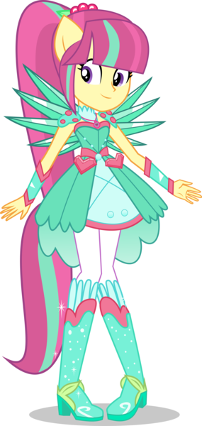 Size: 2852x6000 | Tagged: safe, artist:limedazzle, derpibooru import, edit, vector edit, fluttershy, sour sweet, equestria girls, friendship games, legend of everfree, absurd resolution, alternate universe, boots, crystal guardian, crystal wings, high heel boots, ponied up, ponytail, simple background, smiling, solo, sparkles, super ponied up, transparent background, vector