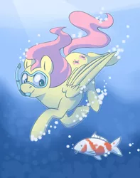 Size: 2129x2700 | Tagged: safe, artist:djkaskan, derpibooru import, fluttershy, fish, pony, diving goggles, no pupils, smiling, snorkel, snorkeling, solo, swimming, underwater, water, watershy