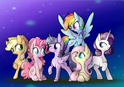 Size: 1885x1328 | Tagged: safe, artist:alazak, derpibooru import, applejack, fluttershy, pinkie pie, rainbow dash, rarity, twilight sparkle, twilight sparkle (alicorn), alicorn, pony, chest fluff, ear fluff, flying, group, group photo, leg fluff, looking at each other, looking back, mane six, one eye closed, prone, raised hoof, sitting, smiling, spread wings, wink