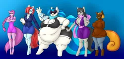 Size: 1280x607 | Tagged: suggestive, artist:mr.pink, artist:nonuberis, derpibooru import, octavia melody, vinyl scratch, oc, oc:bubblegum pop, oc:chocolate spice, oc:show time, anthro, earth pony, unguligrade anthro, unicorn, fanfic, fanfic:the great wubtub, absolute cleavage, bbw, bedroom eyes, belly, big belly, big breasts, breasts, busty octavia, busty vinyl scratch, chubby, cleavage, clothes, colored, curvy, dj boot-3, fanfic art, fat, female, females only, glare, grin, hips, hourglass figure, huge butt, impossibly large tail, impossibly wide hips, large butt, lesbian, lidded eyes, morbidly obese, obese, plump, scarf, scratchtavia, shipping, smiling, ssbbw, sunglasses, tattoo, thunder thighs, treblebutt, vinyl ass, vinyl fat, wide hips, wub-tub