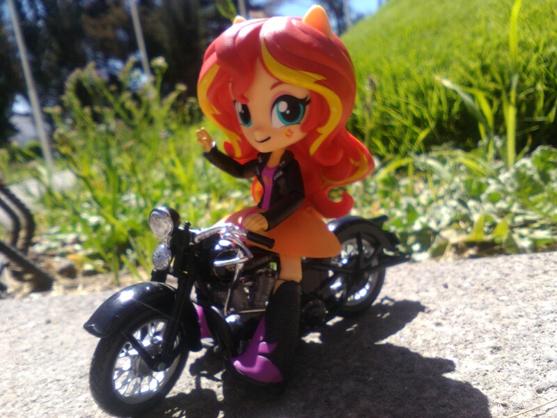 Size: 2592x1944 | Tagged: safe, derpibooru import, sunset shimmer, equestria girls, clothes, doll, equestria girls minis, eqventures of the minis, harley davidson, irl, motorcycle, photo, skirt, toy