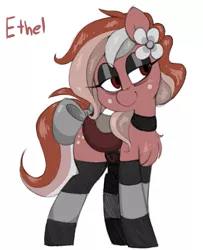 Size: 513x631 | Tagged: suggestive, artist:whydomenhavenipples, derpibooru import, oc, oc:ethel, unofficial characters only, pony, bedroom eyes, bow, chest fluff, choker, clothes, eyeshadow, flower, flower in hair, makeup, saddle, simple background, smiling, socks, solo, striped socks, tack, tail bow, white background