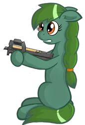 Size: 1314x1921 | Tagged: safe, artist:negasun, derpibooru import, oc, oc:lonely day, unofficial characters only, earth pony, pony, fanfic:the last pony on earth, ponies after people, assault rifle, blank flank, female, floppy ears, gritted teeth, gun, hoof hold, hooves, mare, p90, rifle, simple background, sitting, solo, transparent background, weapon