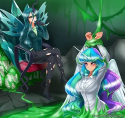 Size: 1063x1000 | Tagged: suggestive, artist:racoonsan, derpibooru import, princess celestia, queen chrysalis, changeling, changeling queen, goo, human, bondage, breasts, business suit, busty princess celestia, chair, changeling slime, chrysdom, clothes, egg, female, femsub, high heels, horned humanization, humanized, image, jpeg, miniskirt, pantyhose, ripped pantyhose, shoes, sinking, sitting, skirt, skirt lift, skirt suit, slime, stockings, sublestia, submissive, suit, tube skirt, winged humanization