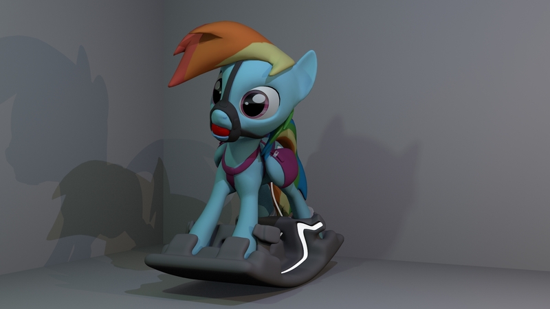 Size: 1920x1080 | Tagged: 3d, artist:fnyorid, ballgag, bondage, bondage furniture, bound wings, bridle, cuffs, derpibooru import, female, gag, harness, rainbow dash, rocking horse bondage, solo, solo female, suggestive, tack