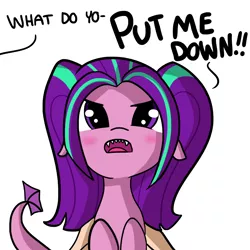 Size: 1280x1280 | Tagged: safe, artist:tjpones, derpibooru import, part of a set, aria blaze, pony, siren, equestria girls, ariabetes, blushing, cute, cute little fangs, dialogue, fangs, floppy ears, frown, glare, hand, holding a pony, looking at you, offscreen character, open mouth, part of a series, pov, put me down, sharp teeth, simple background, teeth, tiny ponies, tsundaria, tsundere, what do you want, white background