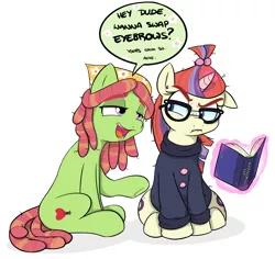Size: 1284x1214 | Tagged: safe, artist:shoutingisfun, derpibooru import, moondancer, tree hugger, earth pony, pony, annoyed, book, bushy brows, clothes, dialogue, duo, ear down, eyebrows, female, floppy ears, flower, frown, glare, glasses, gritted teeth, levitation, lidded eyes, looking at each other, magic, mare, open mouth, raised eyebrow, raised hoof, simple background, sitting, slice of life, smiling, speech bubble, telekinesis, thick eyebrows, underhoof, vulgar, white background