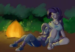Size: 1000x700 | Tagged: safe, artist:goat train, deleted from derpibooru, derpibooru import, rarity, trixie, equestria girls, legend of everfree, breasts, busty rarity, camper, campfire, cleavage, clothes, commission, converse, cute, female, lesbian, rarixie, shipping, shoes, shorts, sitting, sneakers, socks