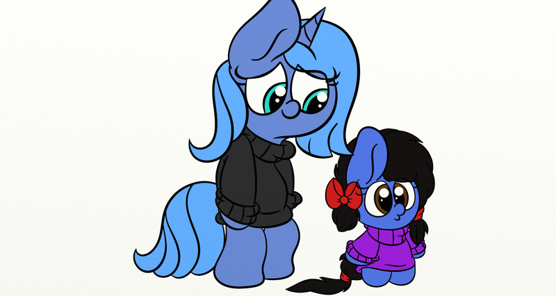 Size: 1366x728 | Tagged: safe, artist:littleflaky, derpibooru import, princess luna, oc, oc:archey clue, pony, bipedal, clothes, s1 luna, simple background, sweater