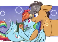 Size: 1024x734 | Tagged: dead source, safe, artist:shiny-cooler, derpibooru import, daring do, quibble pants, rainbow dash, earth pony, pegasus, pony, book, chest fluff, colored pupils, cuddling, ear fluff, female, male, mare, on back, quibbledash, reading, shipping, snuggling, spread wings, stallion, starry eyes, straight, underhoof, wingding eyes