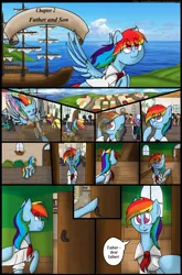 Size: 1280x1944 | Tagged: safe, artist:stuflox, derpibooru import, cherry berry, doctor whooves, rainbow dash, time turner, oc, pony, comic:the count of monte rainbow, the count of monte rainbow, clothes, comic, flying, male, rainbow dantes, ship, stallion, the count of monte cristo