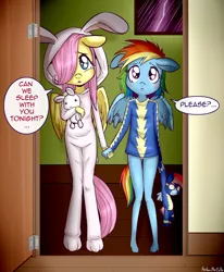 Size: 1400x1700 | Tagged: safe, artist:anibaruthecat, derpibooru import, fluttershy, rainbow dash, anthro, unguligrade anthro, anibaru is trying to murder us, blushing, bronybait, bunny pajamas, clothes, costume, crying, cute, dashabetes, dialogue, female, filly fluttershy, filly rainbow dash, floppy ears, footed sleeper, head tilt, holding hands, image, kigurumi, lightning, looking at you, onesie, panties, plushie, png, rain, short pastern, shyabetes, storm, underwear, weapons-grade cute, white underwear, wonderbolts, younger