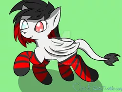 Size: 1024x768 | Tagged: safe, artist:cloufy, derpibooru import, oc, unofficial characters only, pegasus, pony, clothes, female, green background, heterochromia, mare, no pupils, simple background, socks, solo, striped socks, trotting, watermark