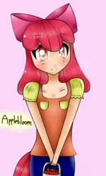 Size: 900x1500 | Tagged: safe, artist:missmeower, derpibooru import, apple bloom, human, blushing, humanized, solo