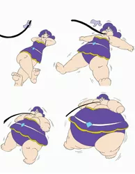 Size: 2533x3267 | Tagged: artist:catstuxedo, attached skirt, clothes, derpibooru import, hand, horned humanization, hose, human, humanized, inflation, one-piece swimsuit, puffy cheeks, purple swimsuit, rariblimp, rarity, safe, sequence, solo, swimsuit