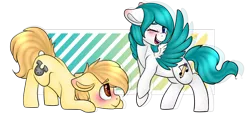 Size: 1024x478 | Tagged: safe, artist:h-analea, derpibooru import, oc, oc:biscuit, oc:music moonblast, unofficial characters only, earth pony, pegasus, pony, blushing