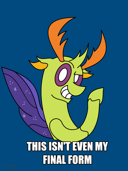 Size: 1500x2000 | Tagged: safe, artist:derpanater, derpibooru import, thorax, changedling, changeling, to where and back again, exploitable meme, floppy ears, grin, king thorax, looking at you, meme, raised eyebrow, simple background, smiling, smirk, smug, solo, spread wings, this isn't even my final form