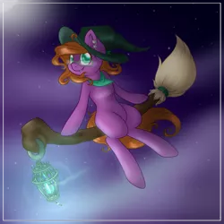 Size: 1280x1280 | Tagged: artist:mondlichtkatze, broom, cloud, derpibooru import, ear piercing, flying, flying broomstick, hat, lantern, night, night sky, oc, piercing, safe, sitting, smiling, solo, stars, unofficial characters only, witch, witch hat